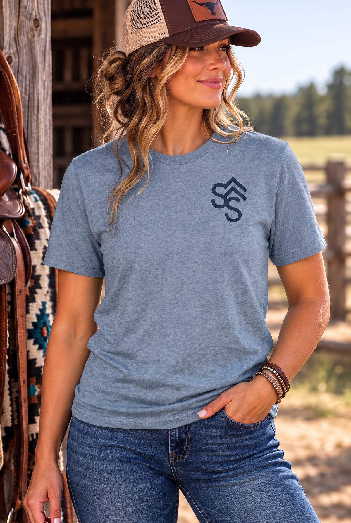 Bison Tee in Flint Blue Heather — female model, front view