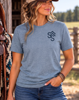 Bison Tee in Flint Blue Heather — female model, front view