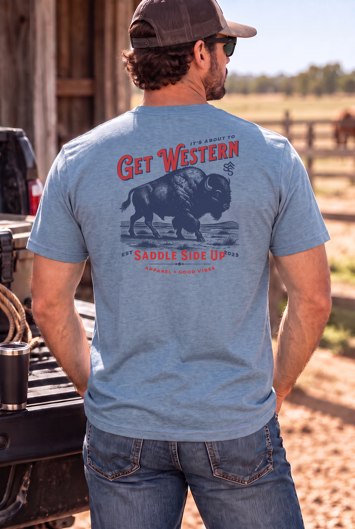 Bison Tee in Flint Blue Heather — male model, back view