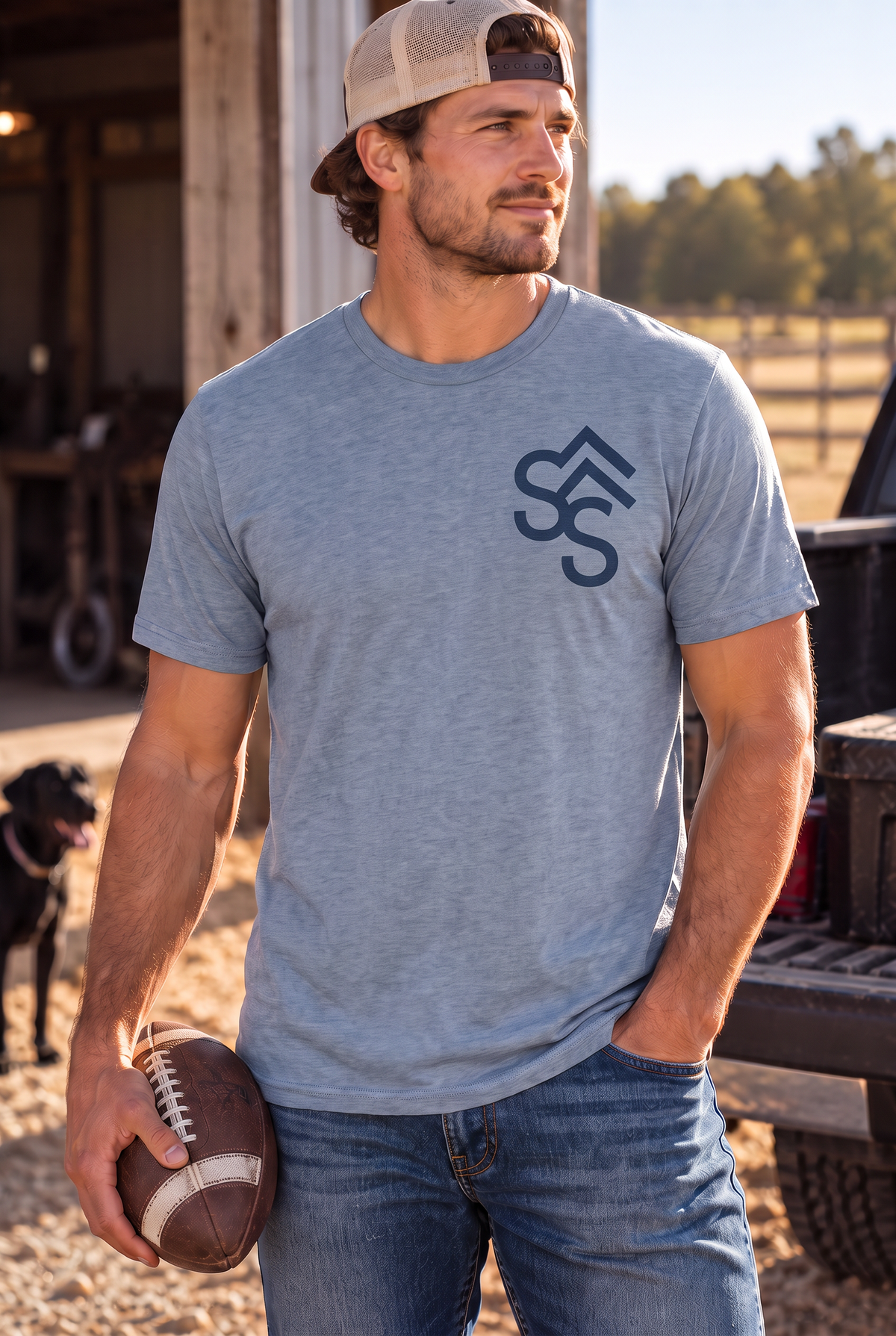 Bison Tee in Flint Blue Heather — male model, front view