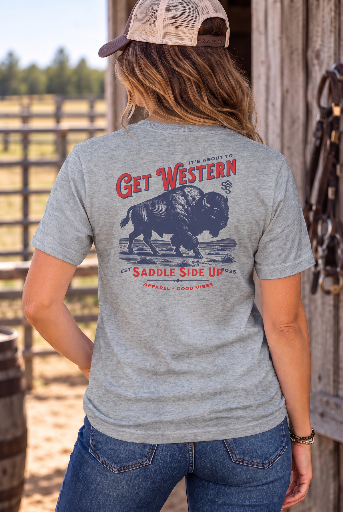 Bison Tee in Grey Frost — female model, back view