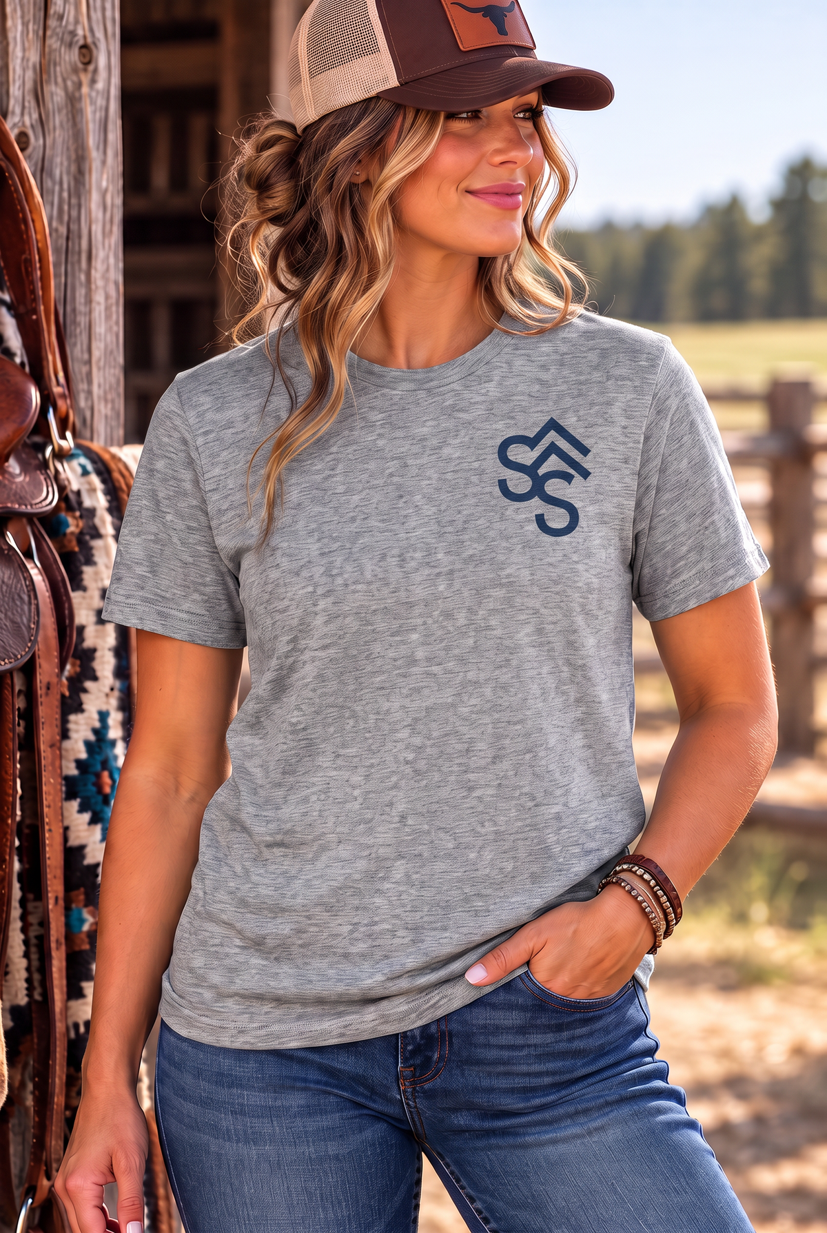 Bison Tee in Grey Frost — female model, front view