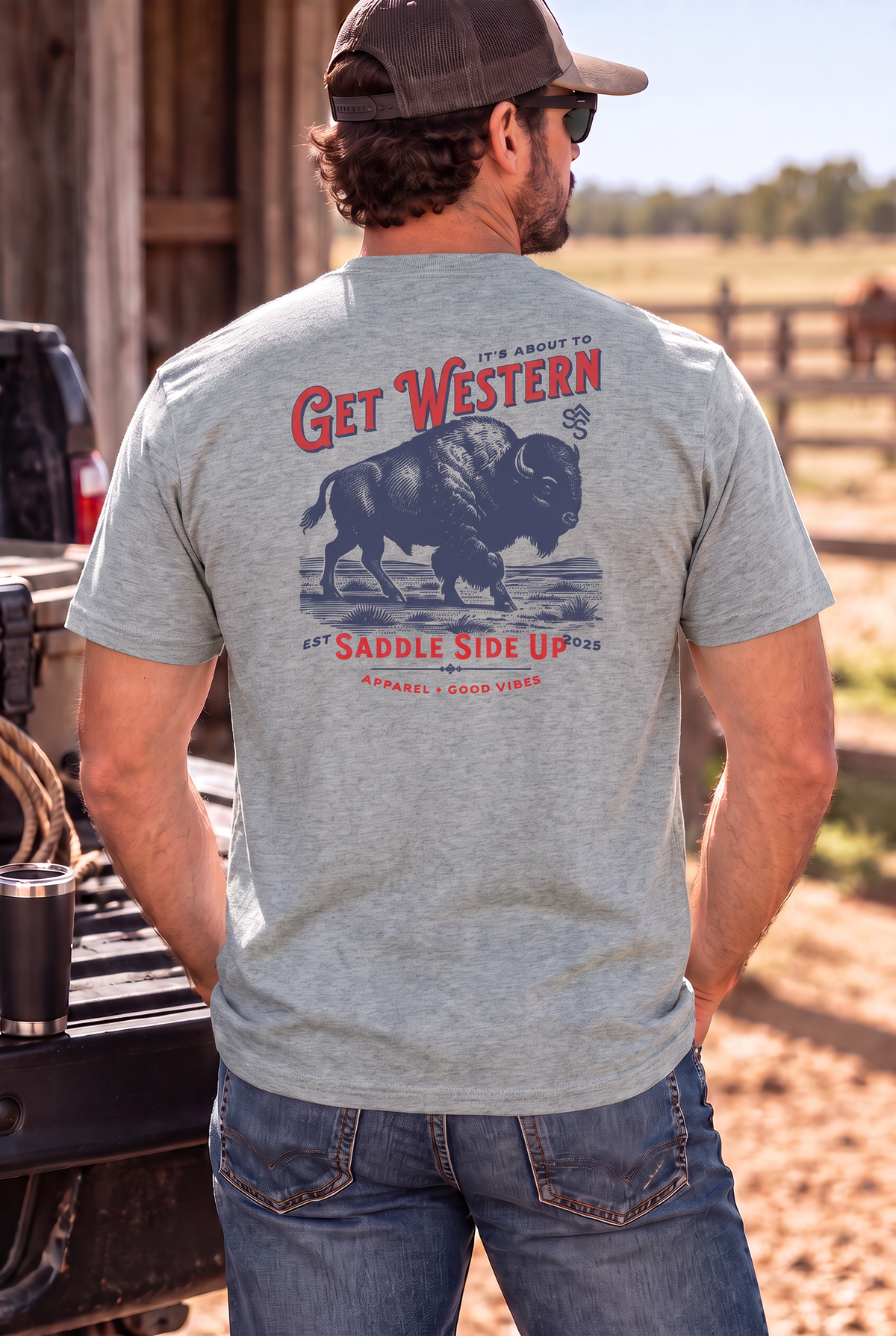Bison Tee in Grey Frost — male model, back view