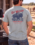 Bison Tee in Grey Frost — male model, back view