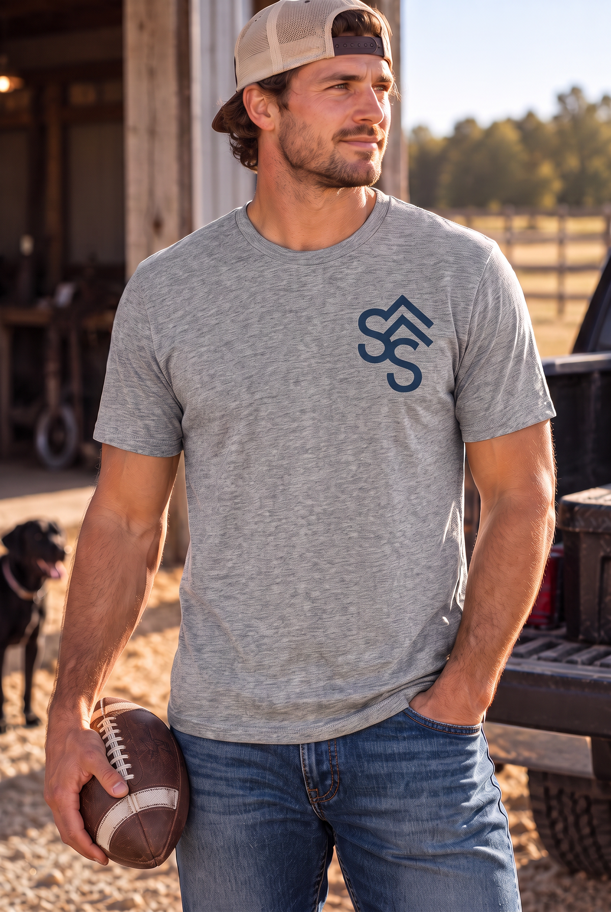 Bison Tee in Grey Frost — male model, front view