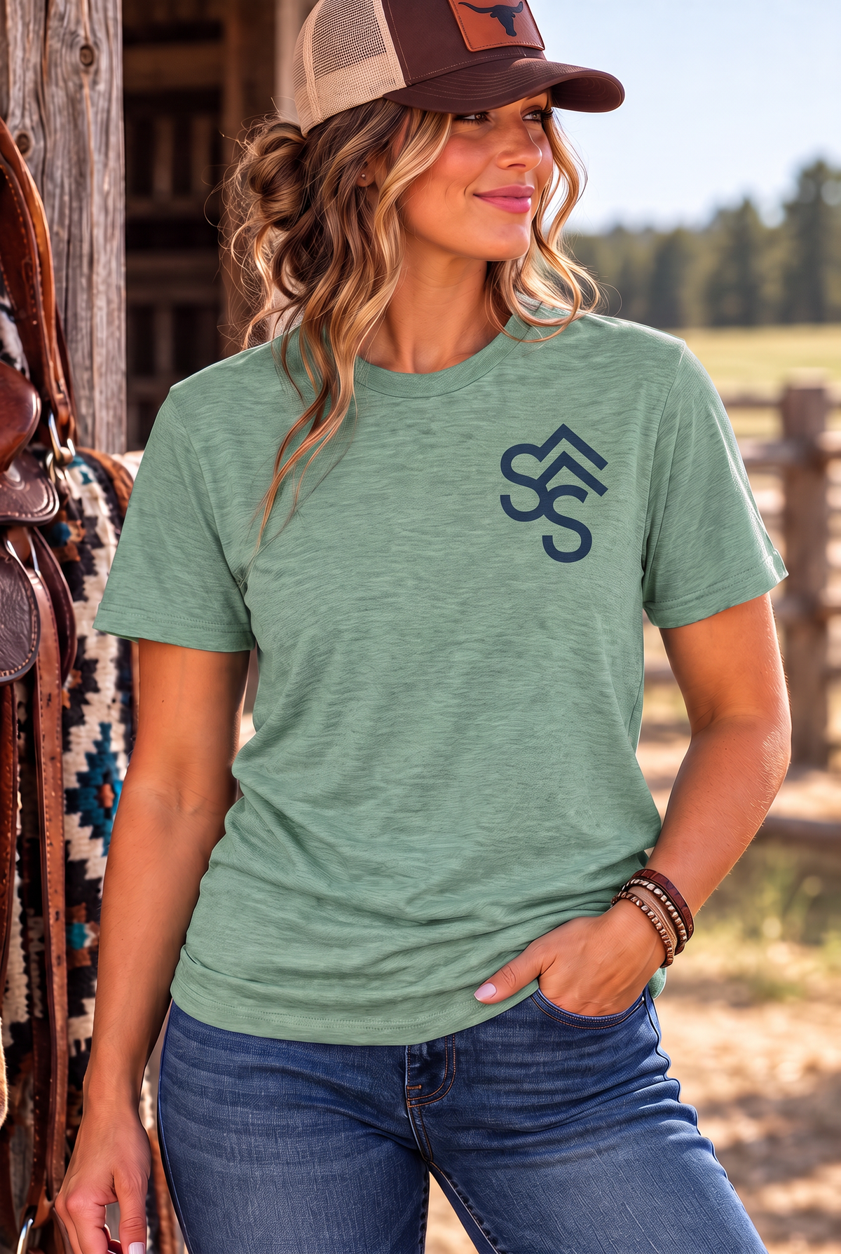 Bison Tee in Heathered Dusty Sage — female model, front view