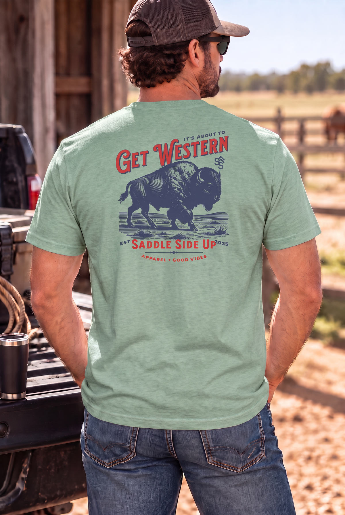 Bison Tee in Heathered Dusty Sage — male model, back view