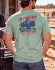 Bison Tee in Heathered Dusty Sage — male model, back view