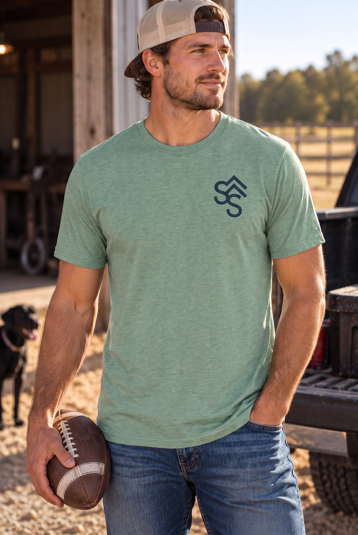 Bison Tee in Heathered Dusty Sage — male model, front view
