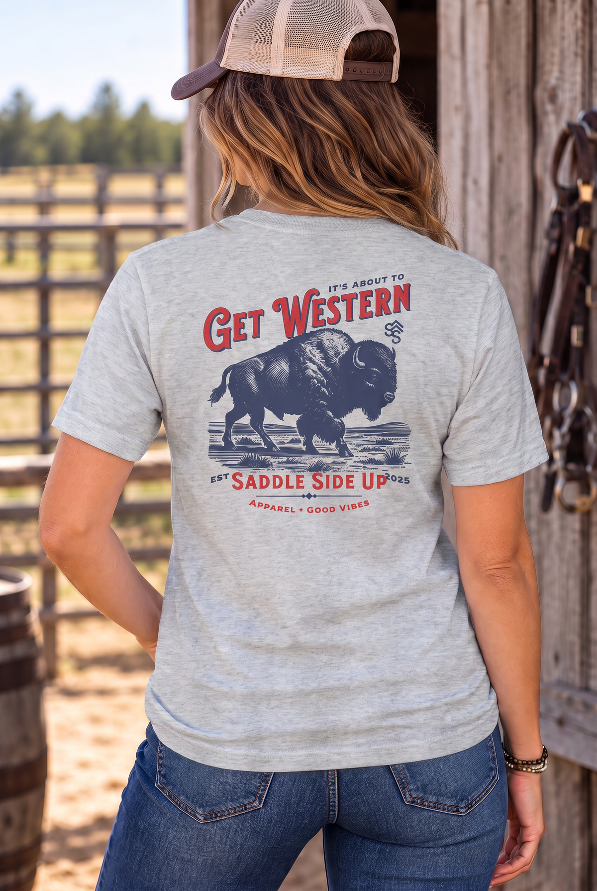 Bison Tee in Light Heather Grey — female model, back view