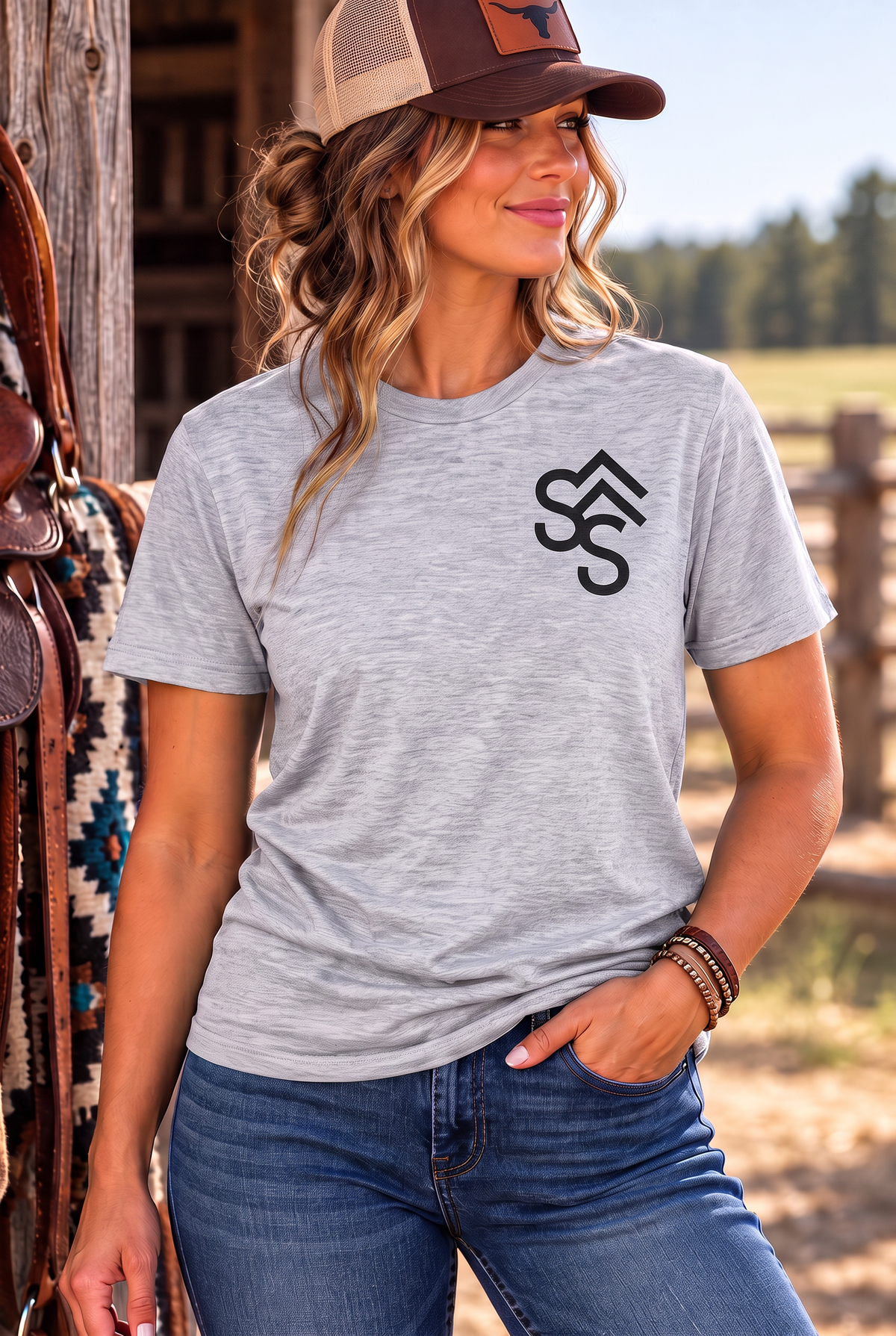 Bison Tee in Light Heather Grey — female model, front view