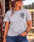 Bison Tee in Light Heather Grey — female model, front view
