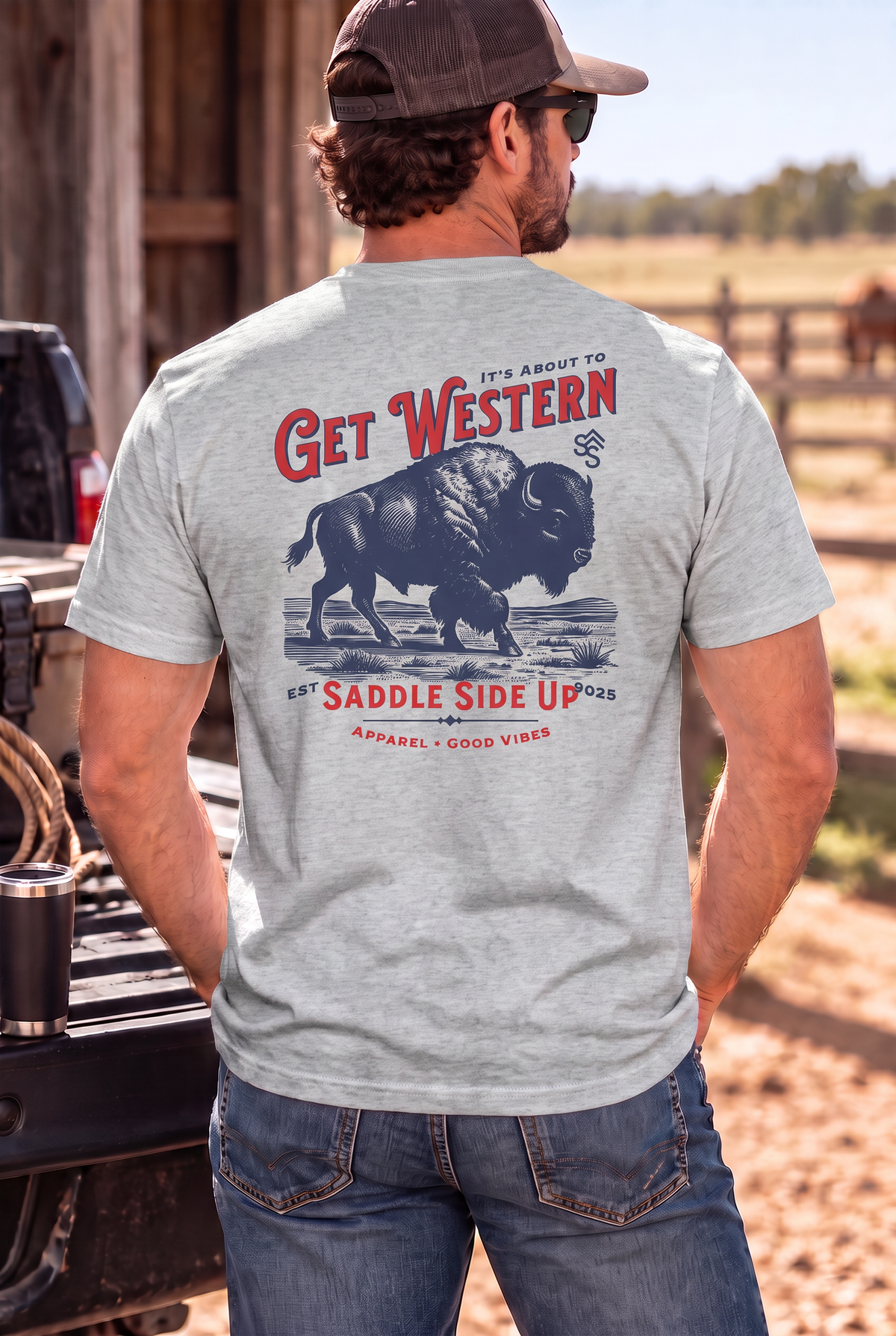 Bison Tee in Light Heather Grey — male model, back view