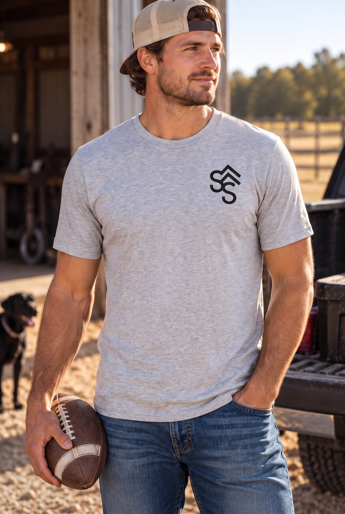 Bison Tee in Light Heather Grey — male model, front view