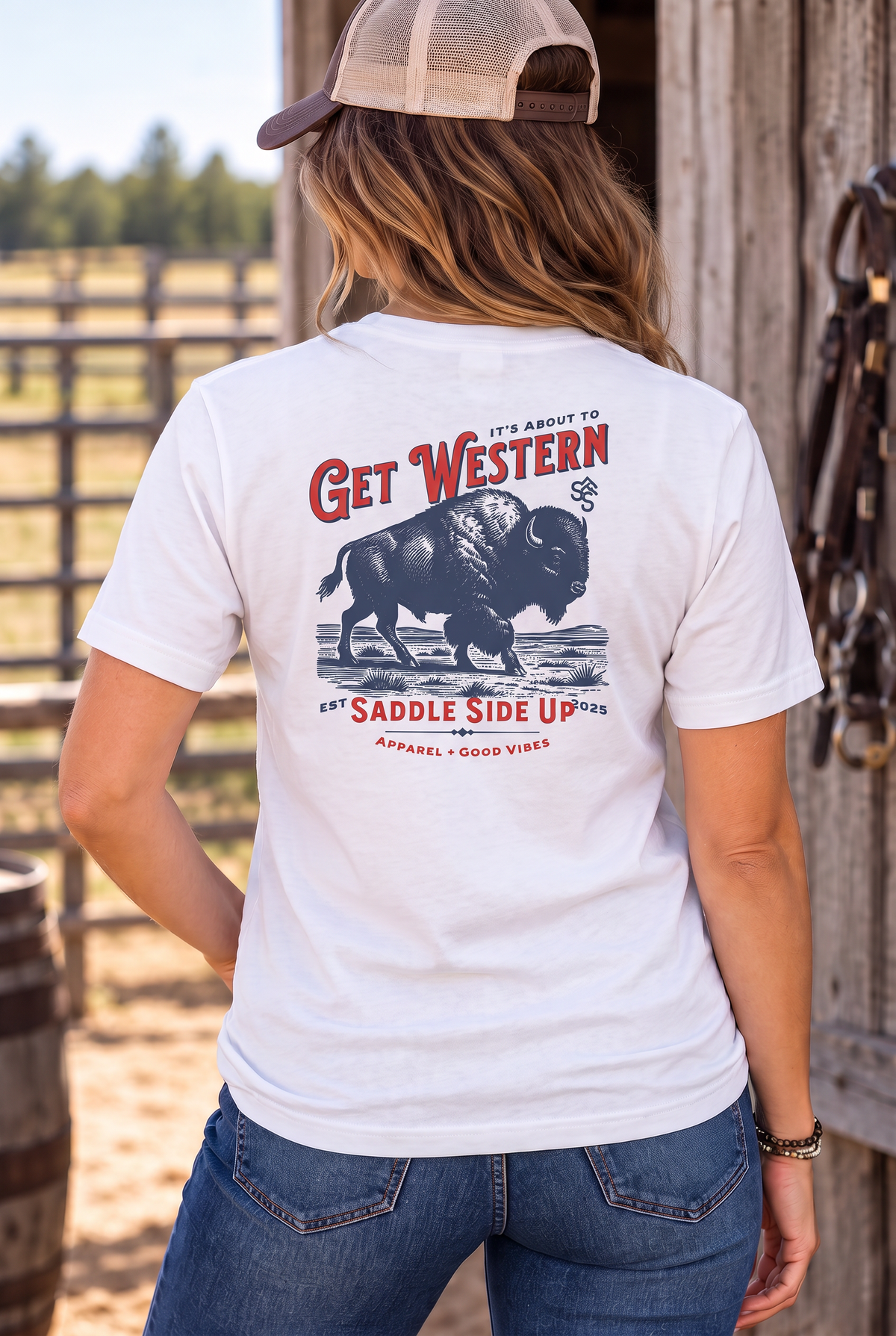 Bison Tee in White — female model, back view