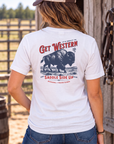 Bison Tee in White — female model, back view