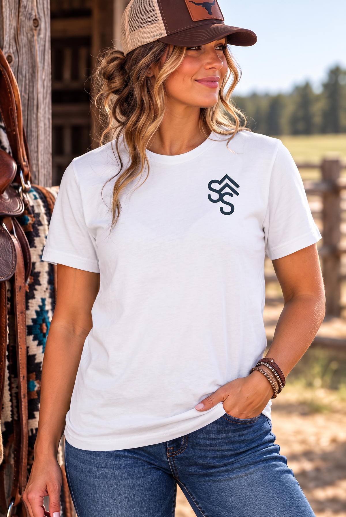 Bison Tee in White — female model, front view