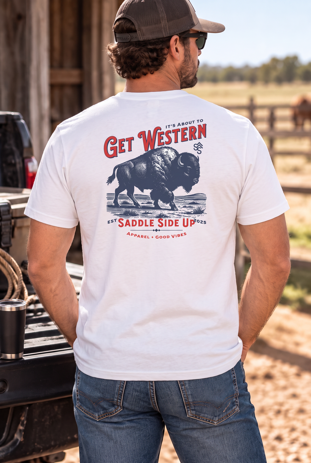 Bison Tee in White — male model, back view
