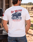 Bison Tee in White — male model, back view