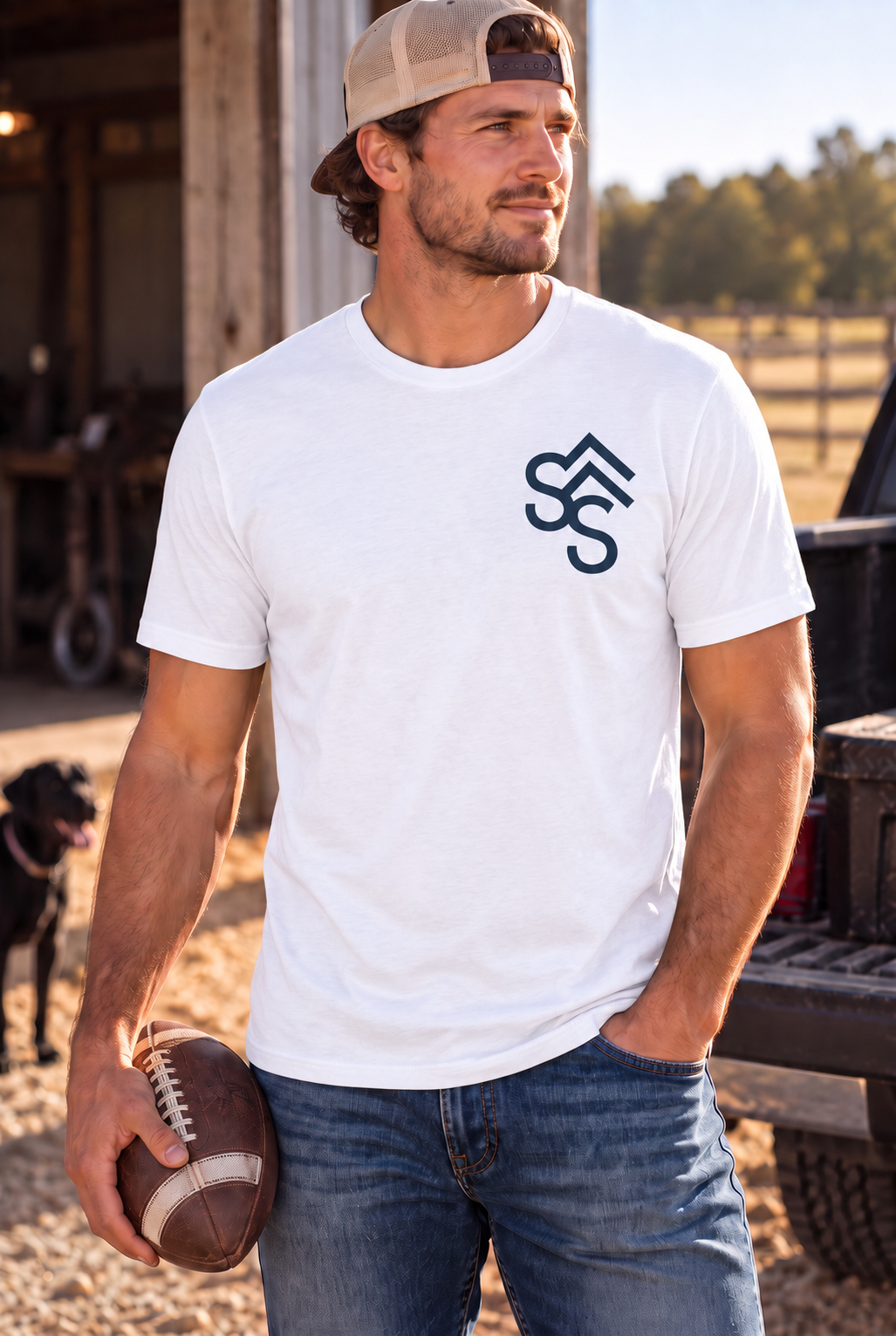 Bison Tee in White — male model, front view