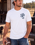 Bison Tee in White — male model, front view