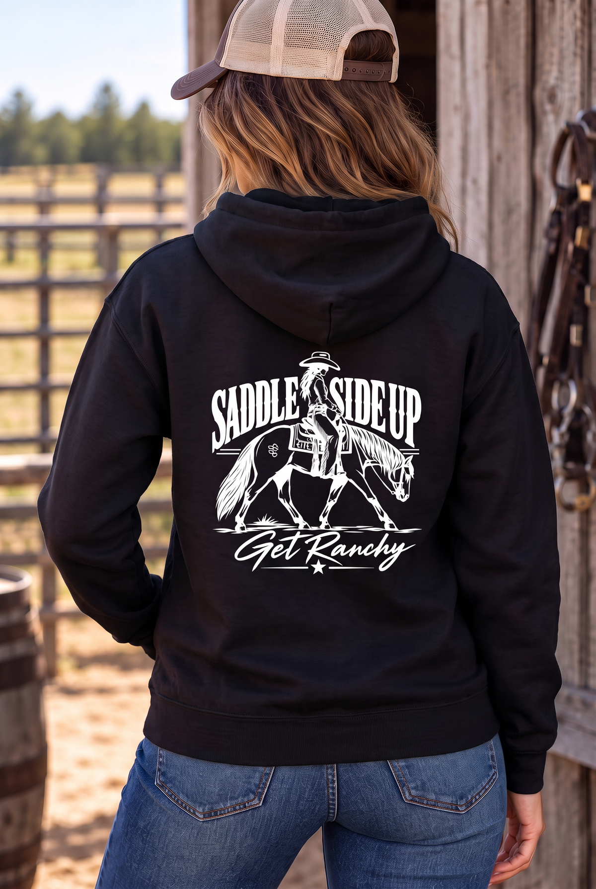 Get Ranchy Hoodie in Black — female model, back view