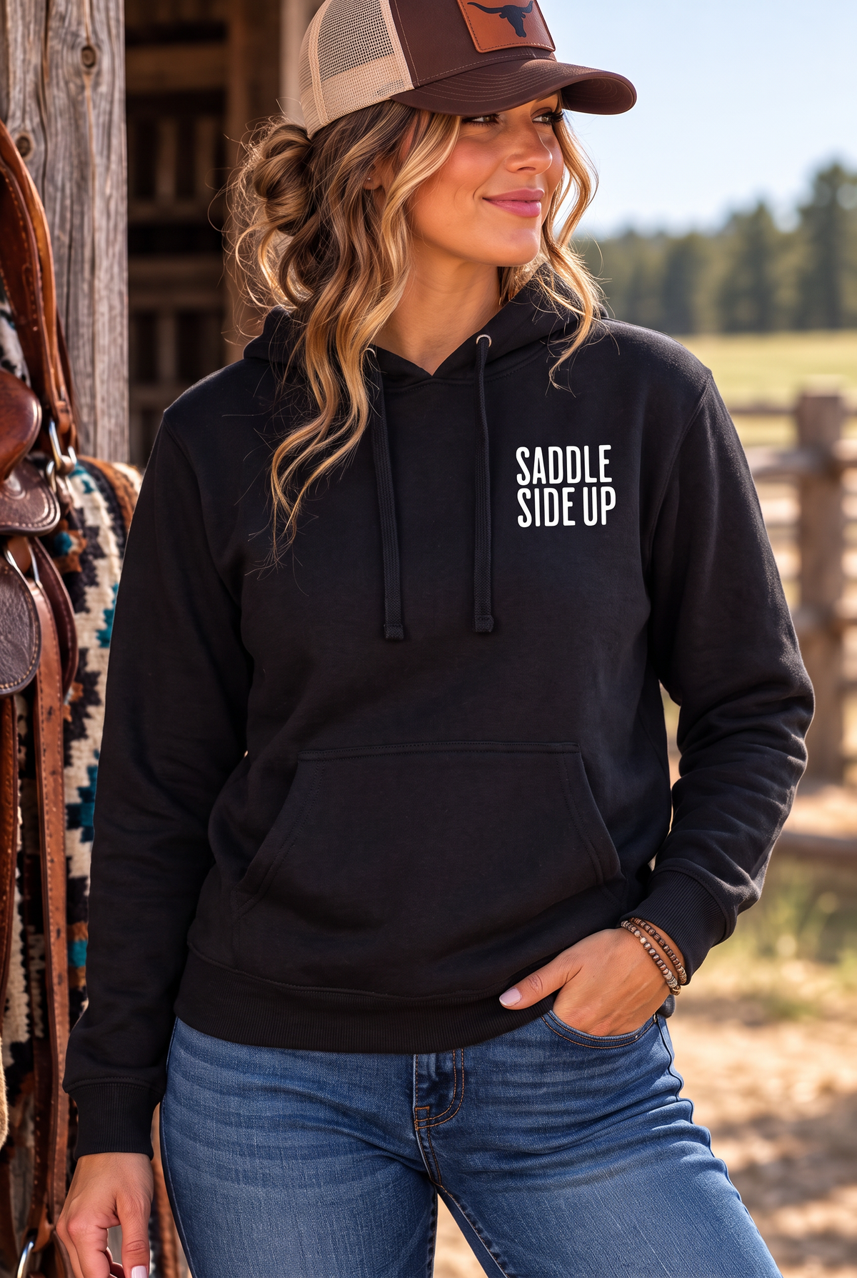 Get Ranchy Hoodie in Black — female model, front view