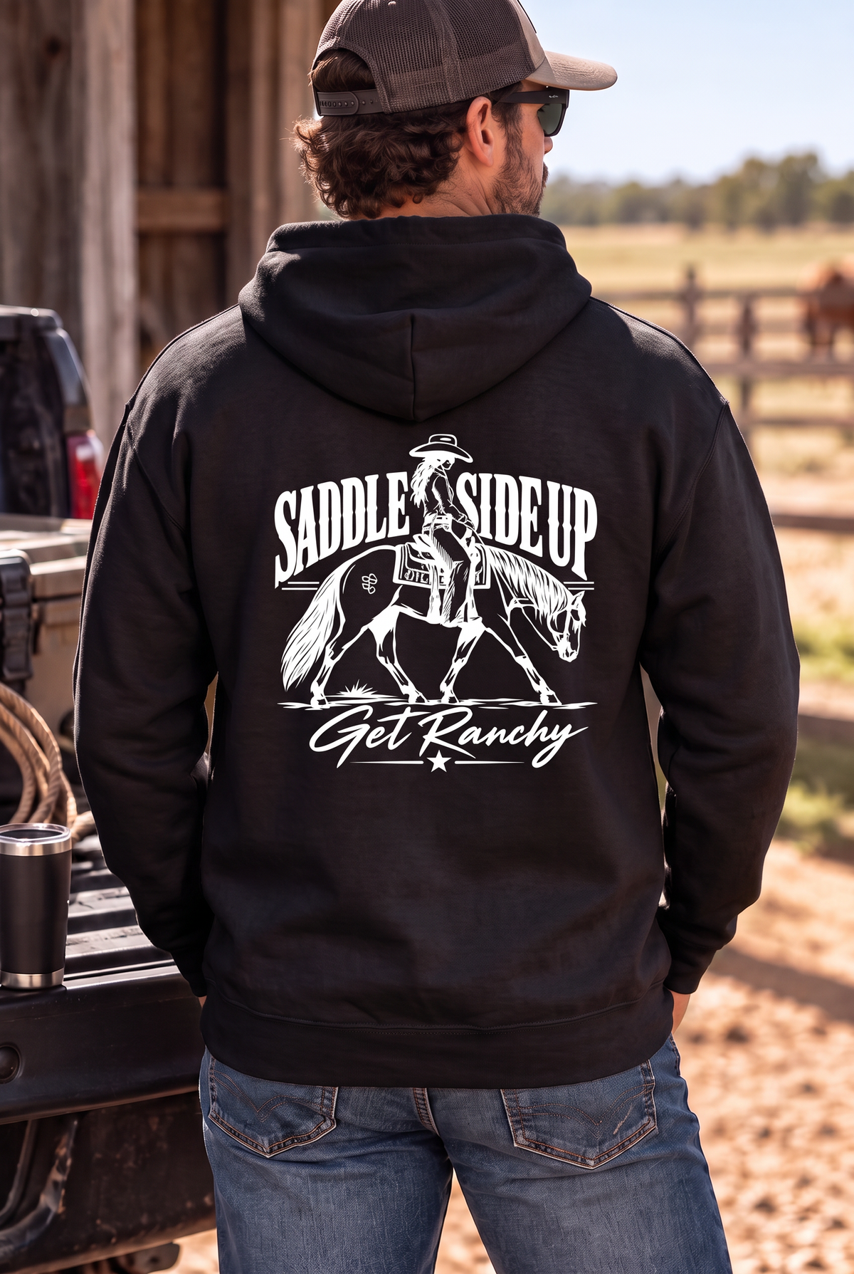 Get Ranchy Hoodie in Black — male model, back view