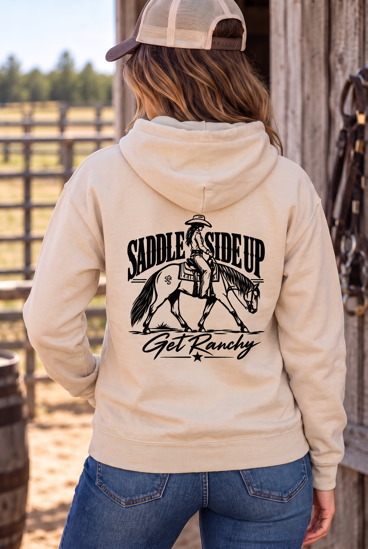 Get Ranchy Hoodie in Bone — female model, back view
