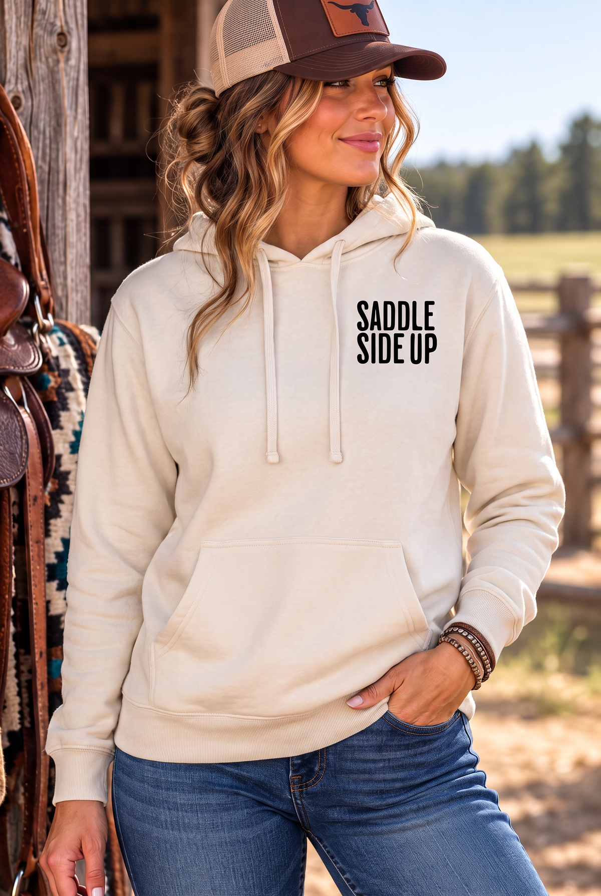 Get Ranchy Hoodie in Bone — female model, front view