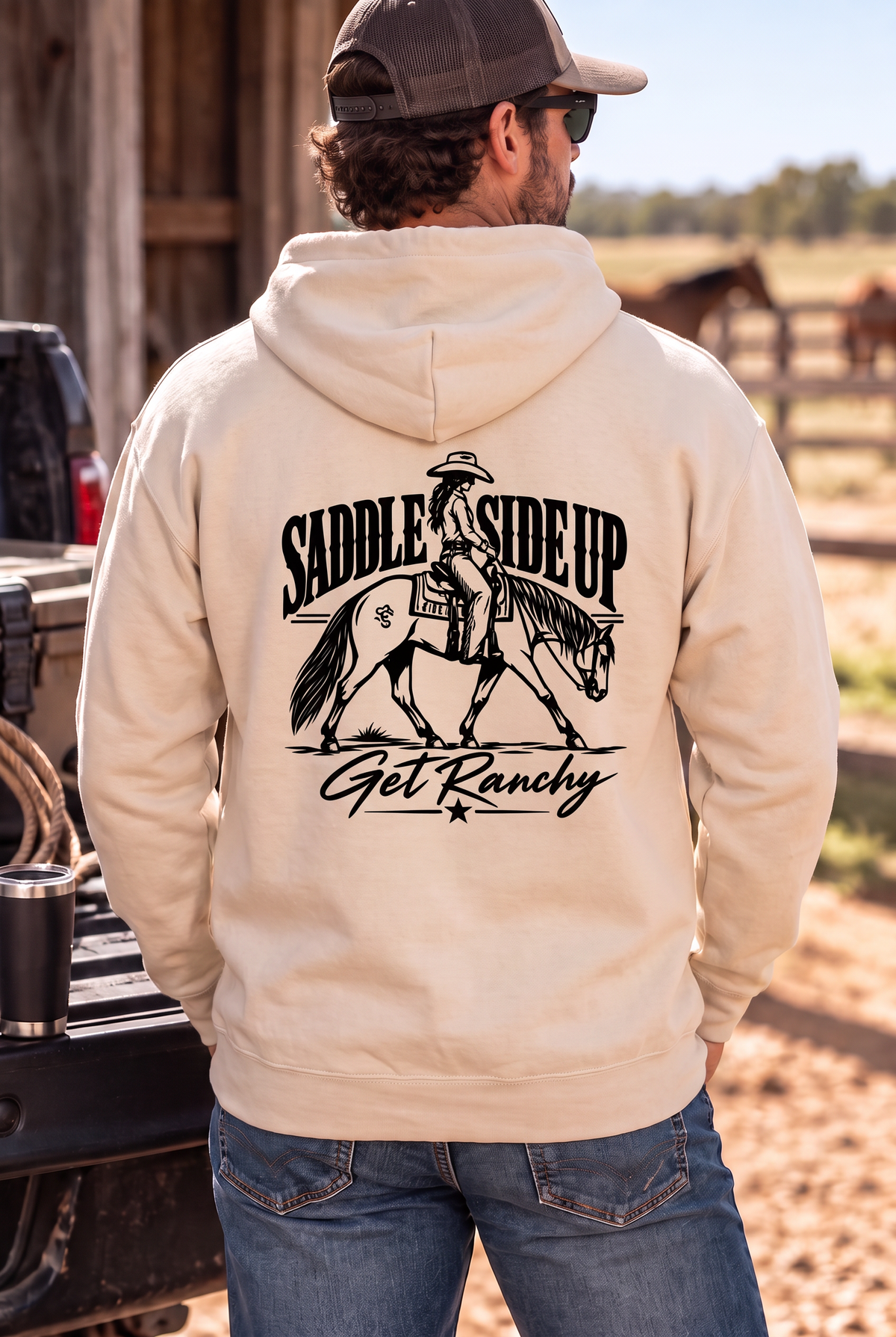 Get Ranchy Hoodie in Bone — male model, back view