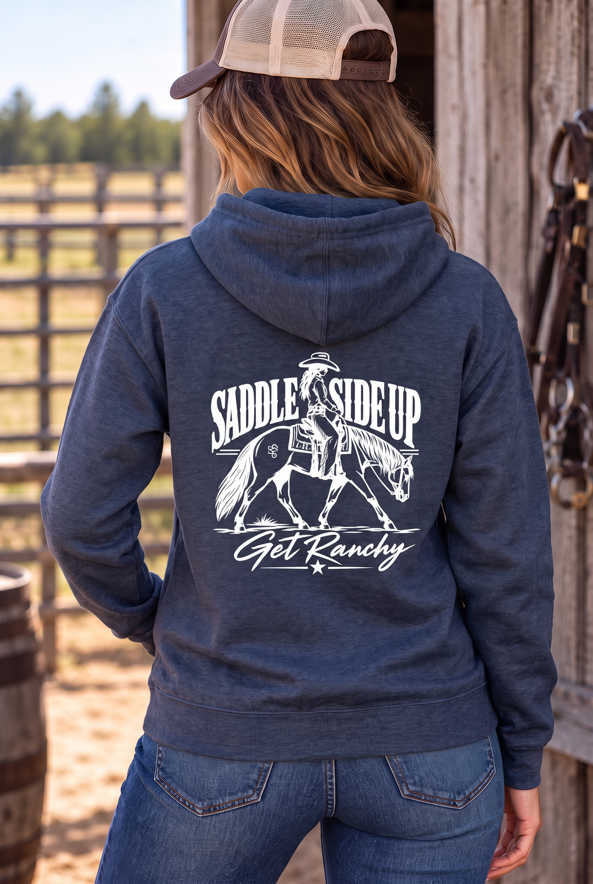 Get Ranchy Hoodie in Classic Navy Heather — female model, back view