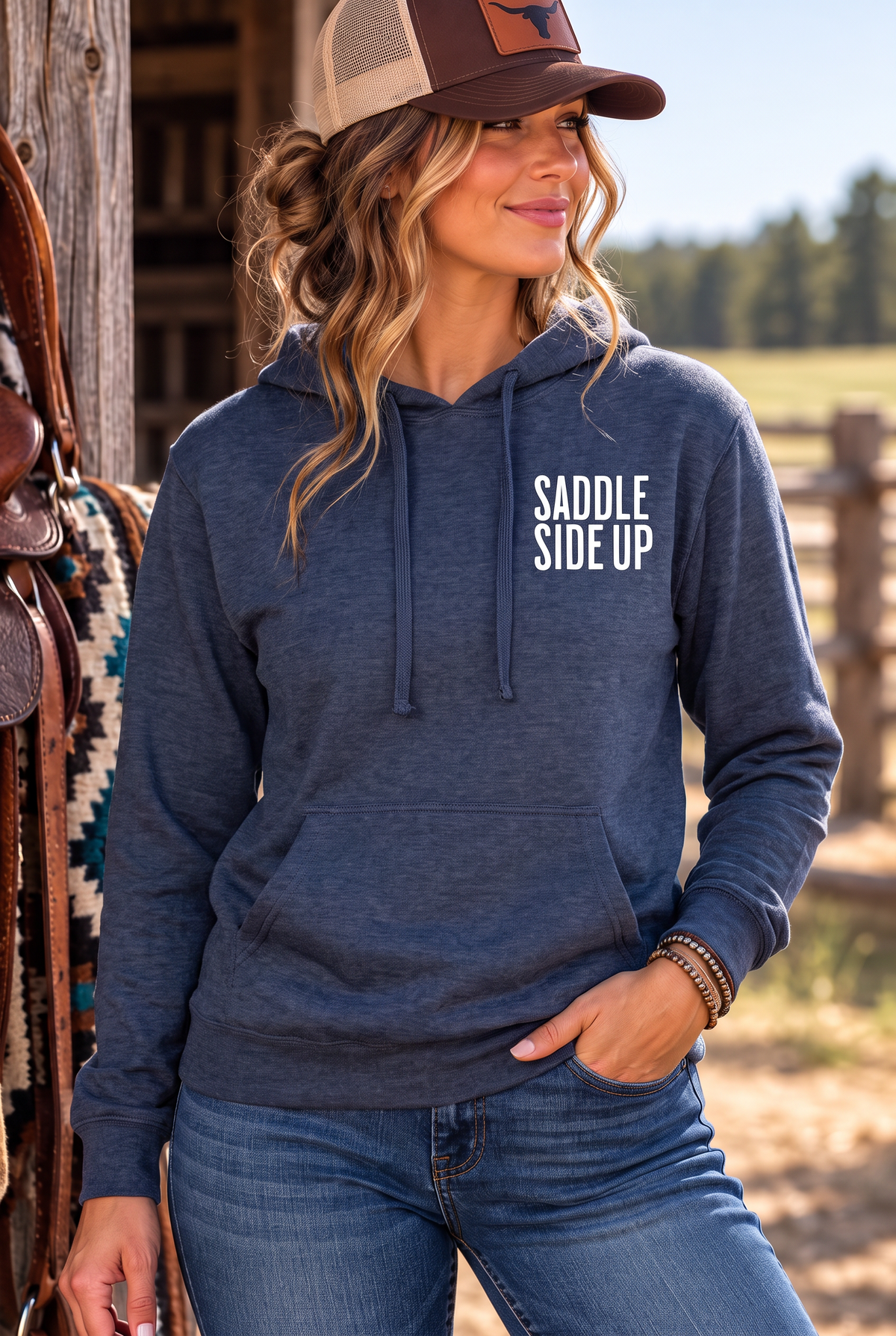 Get Ranchy Hoodie in Classic Navy Heather — female model, front view