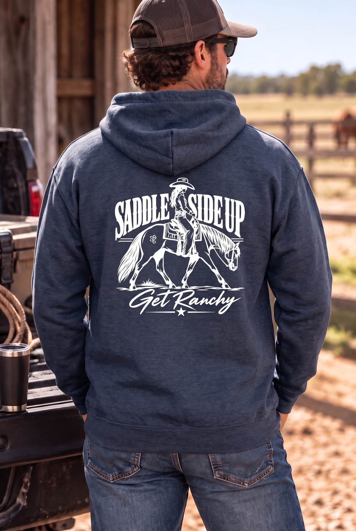 Get Ranchy Hoodie in Classic Navy Heather — male model, back view