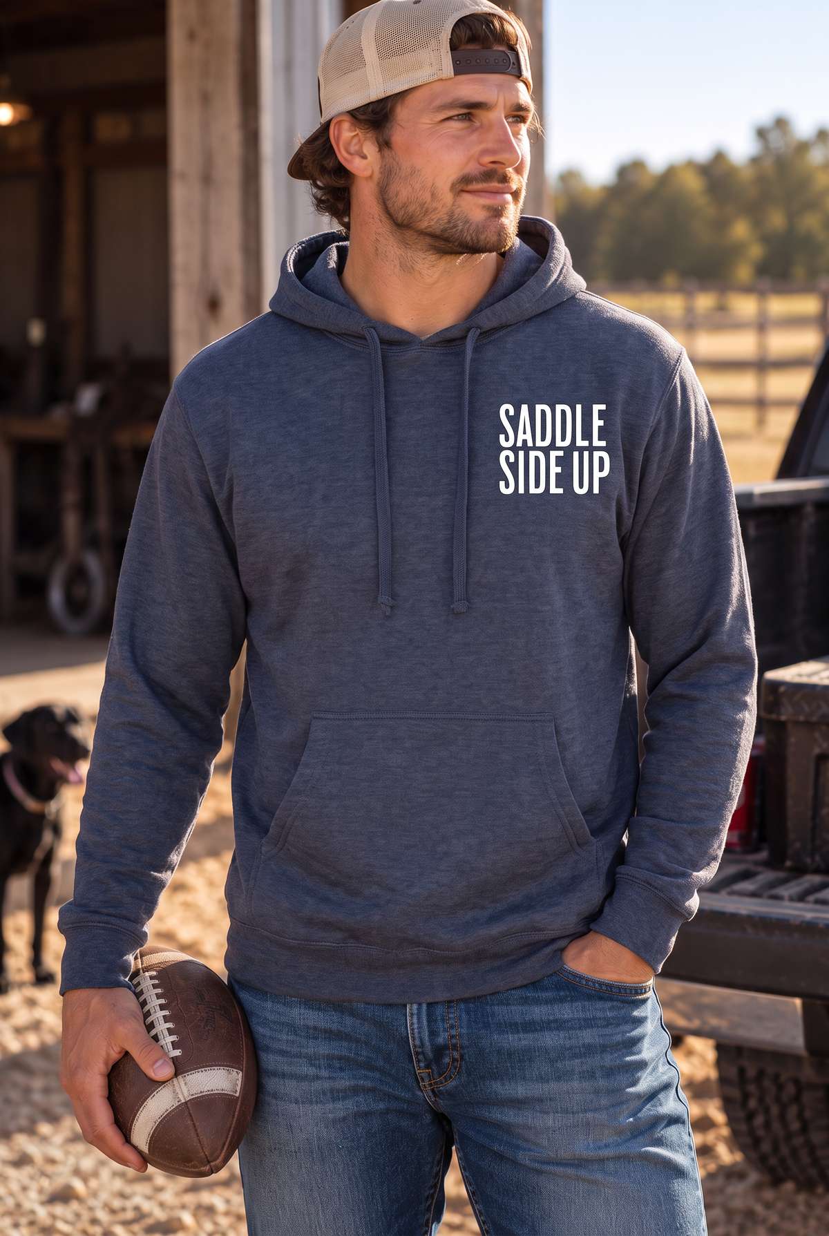 Get Ranchy Hoodie in Classic Navy Heather — male model, front view
