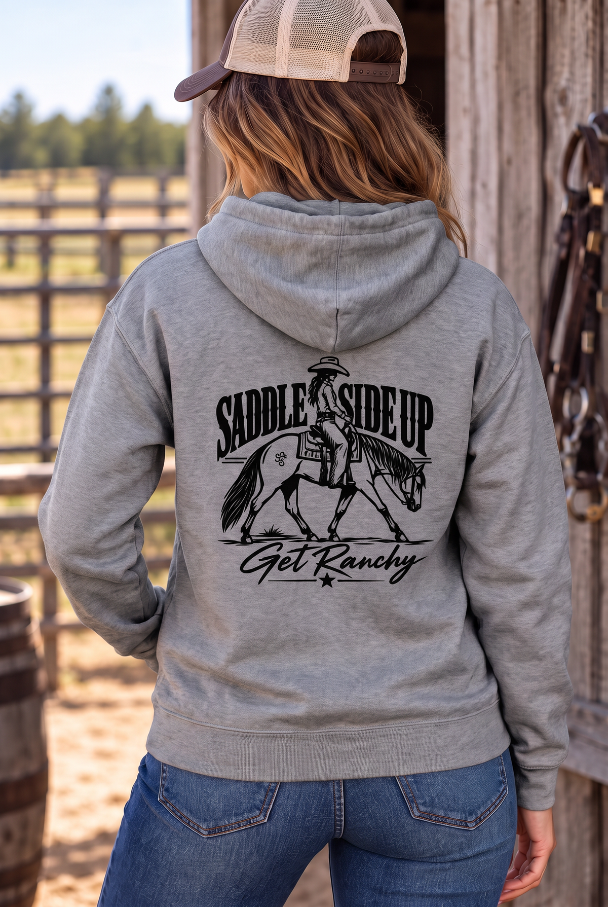 Get Ranchy Hoodie in Gunmetal Heather — female model, back view