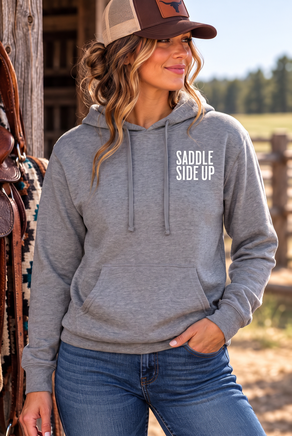 Get Ranchy Hoodie in Gunmetal Heather — female model, front view