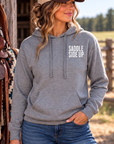 Get Ranchy Hoodie in Gunmetal Heather — female model, front view