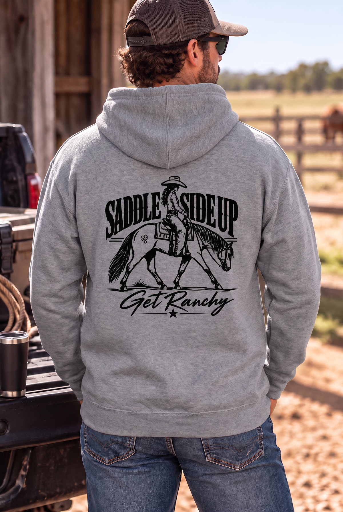 Get Ranchy Hoodie in Gunmetal Heather — male model, back view