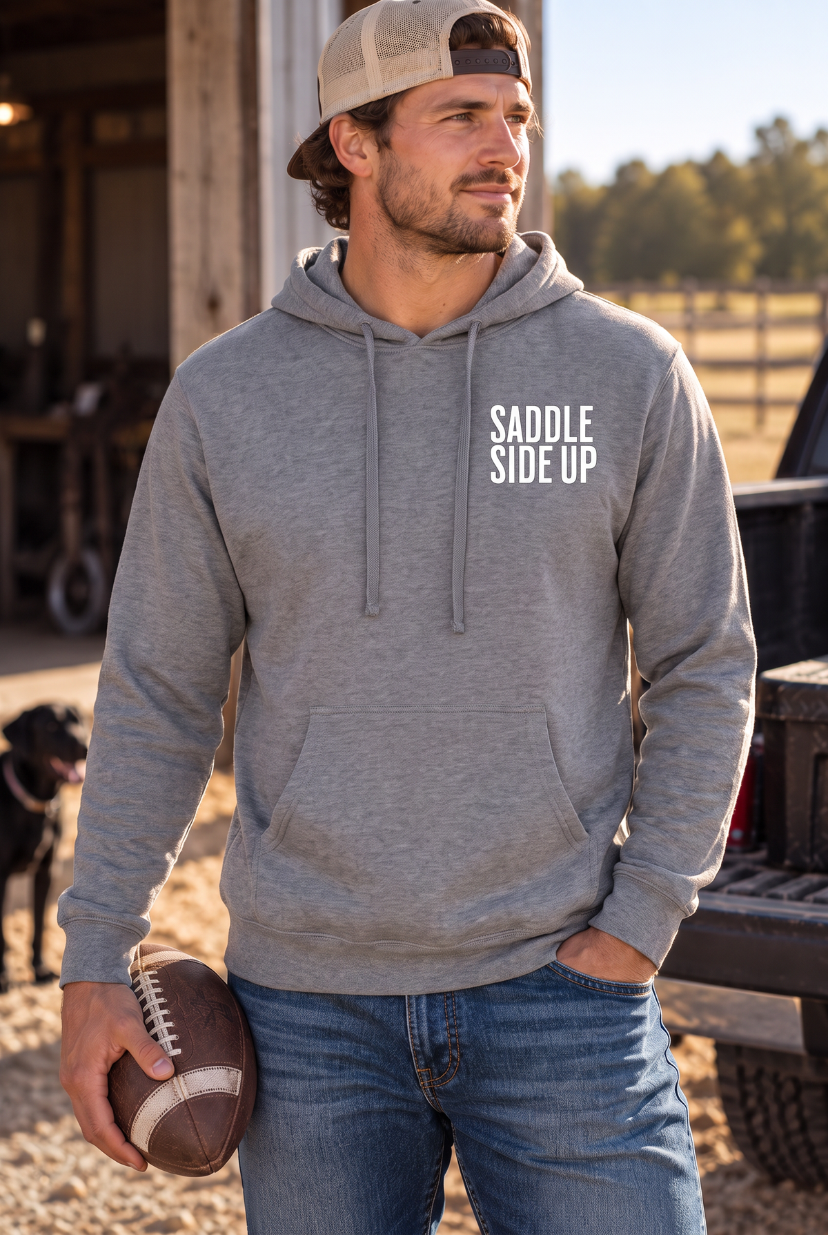 Get Ranchy Hoodie in Gunmetal Heather — male model, front view