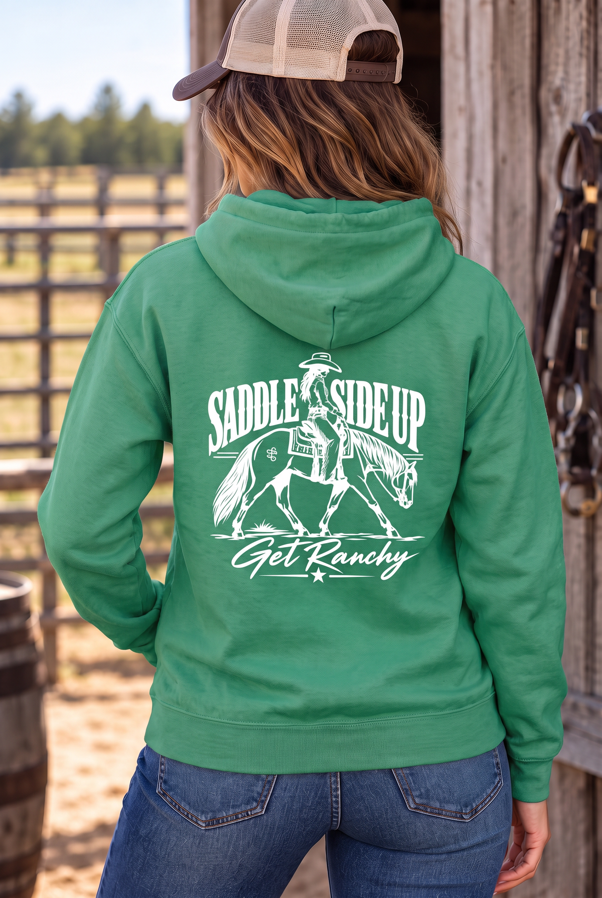 Get Ranchy Hoodie in Kelly Green Heather — female model, back view