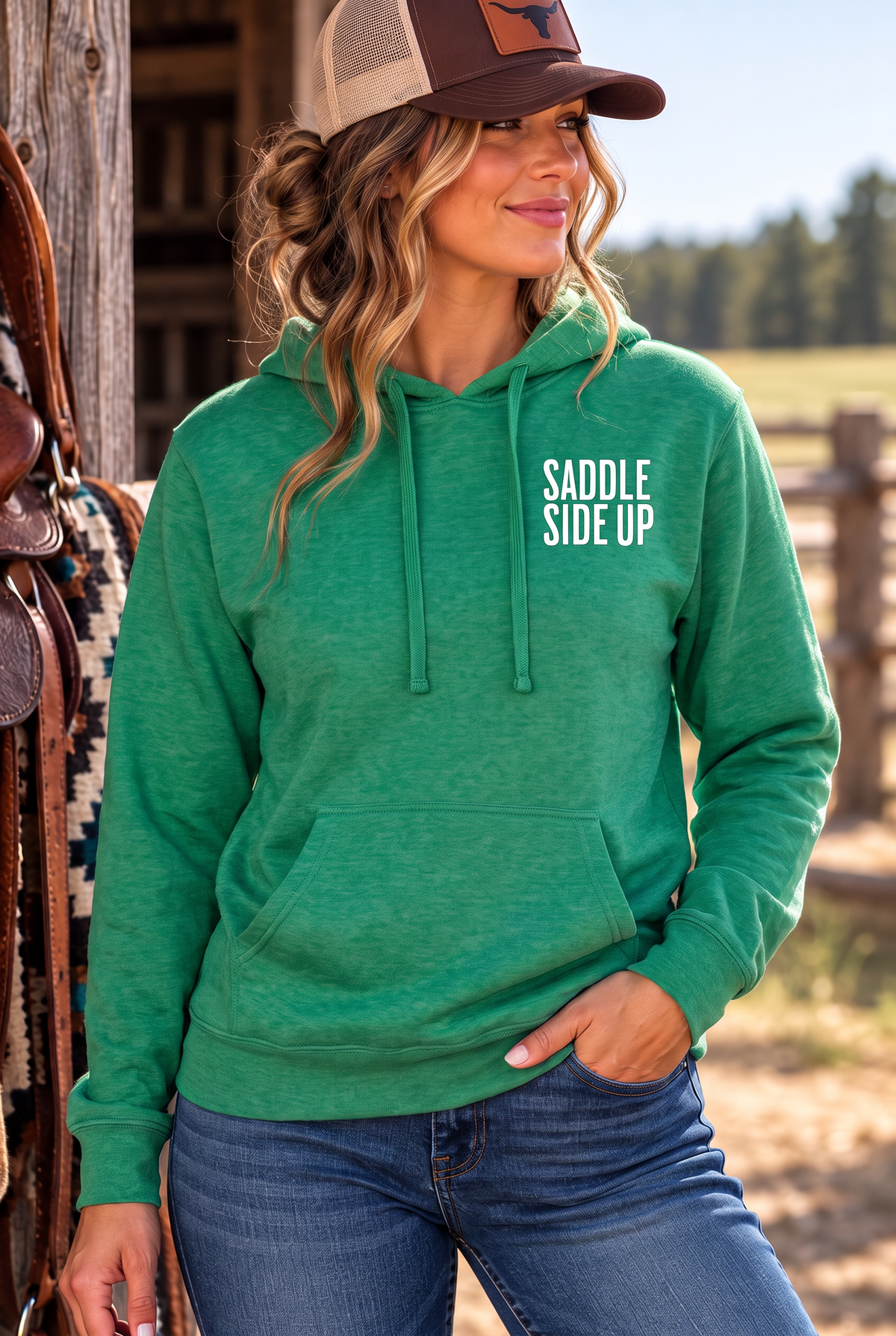 Get Ranchy Hoodie in Kelly Green Heather — female model, front view