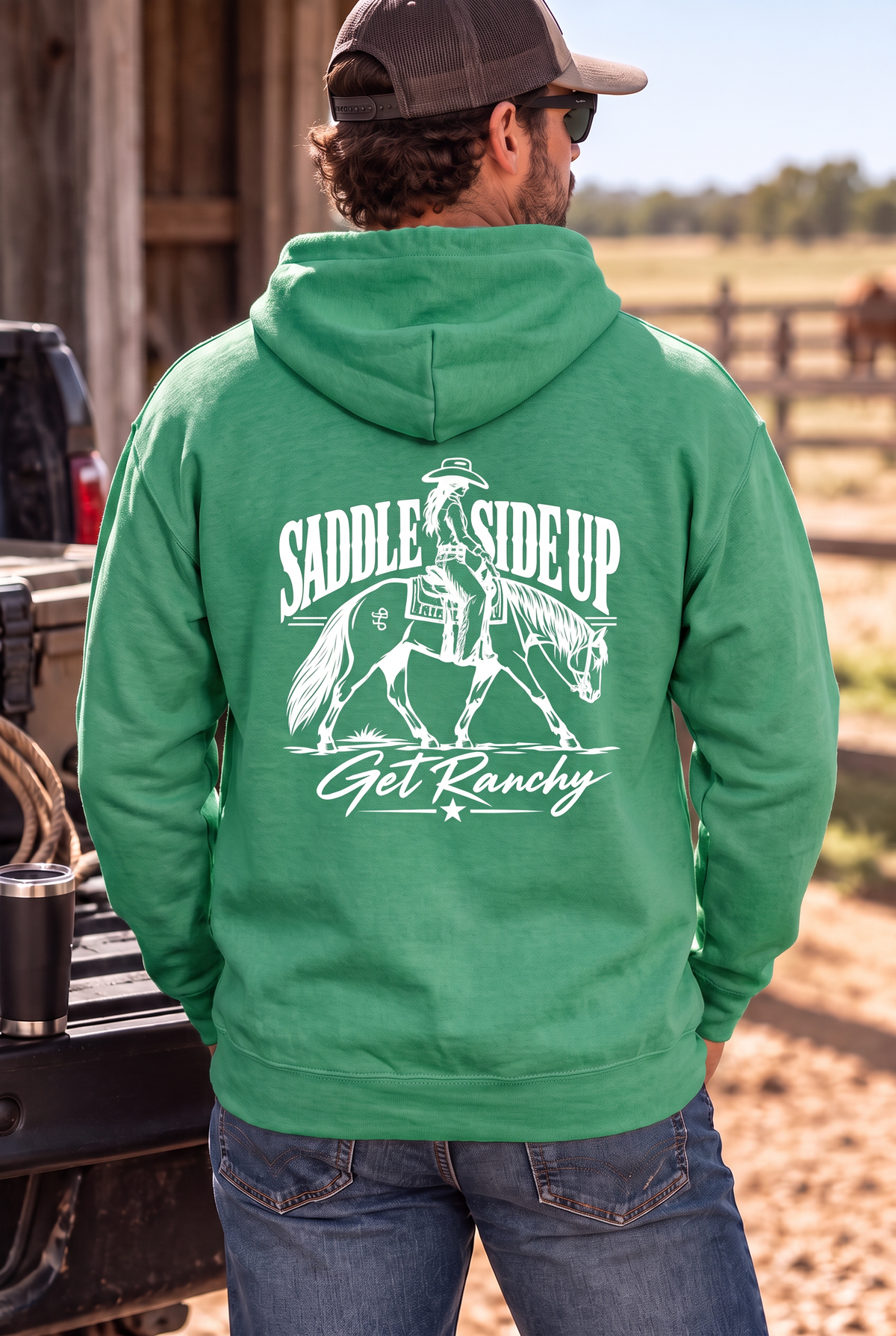 Get Ranchy Hoodie in Kelly Green Heather — male model, back view