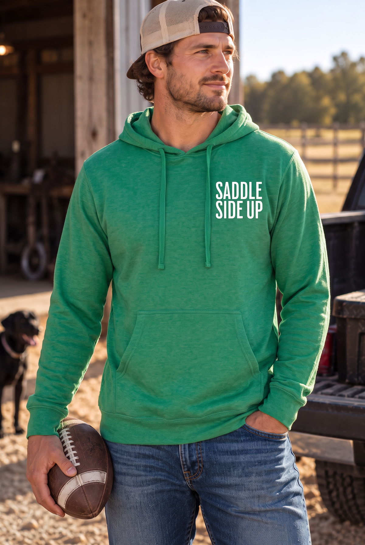 Get Ranchy Hoodie in Kelly Green Heather — male model, front view