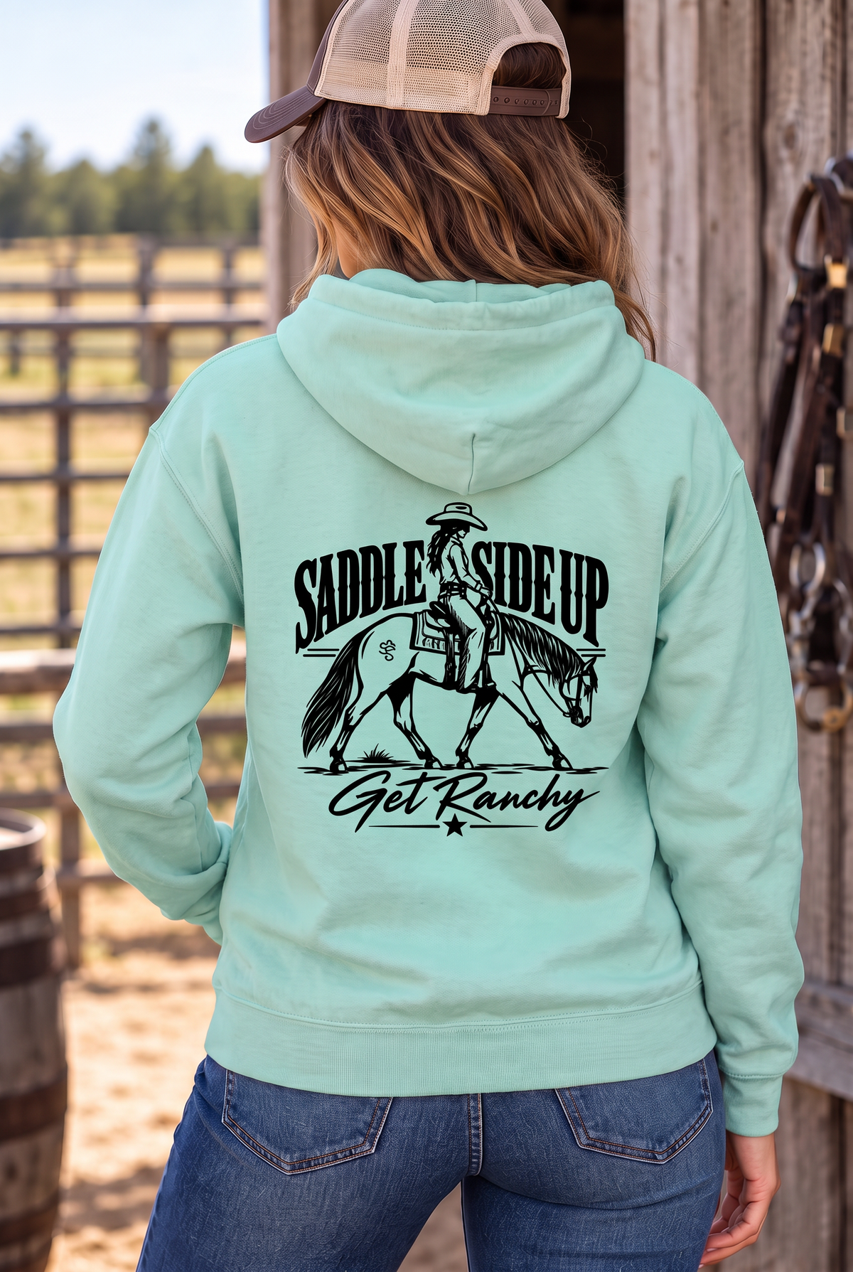 Get Ranchy Hoodie in Mint — female model, back view