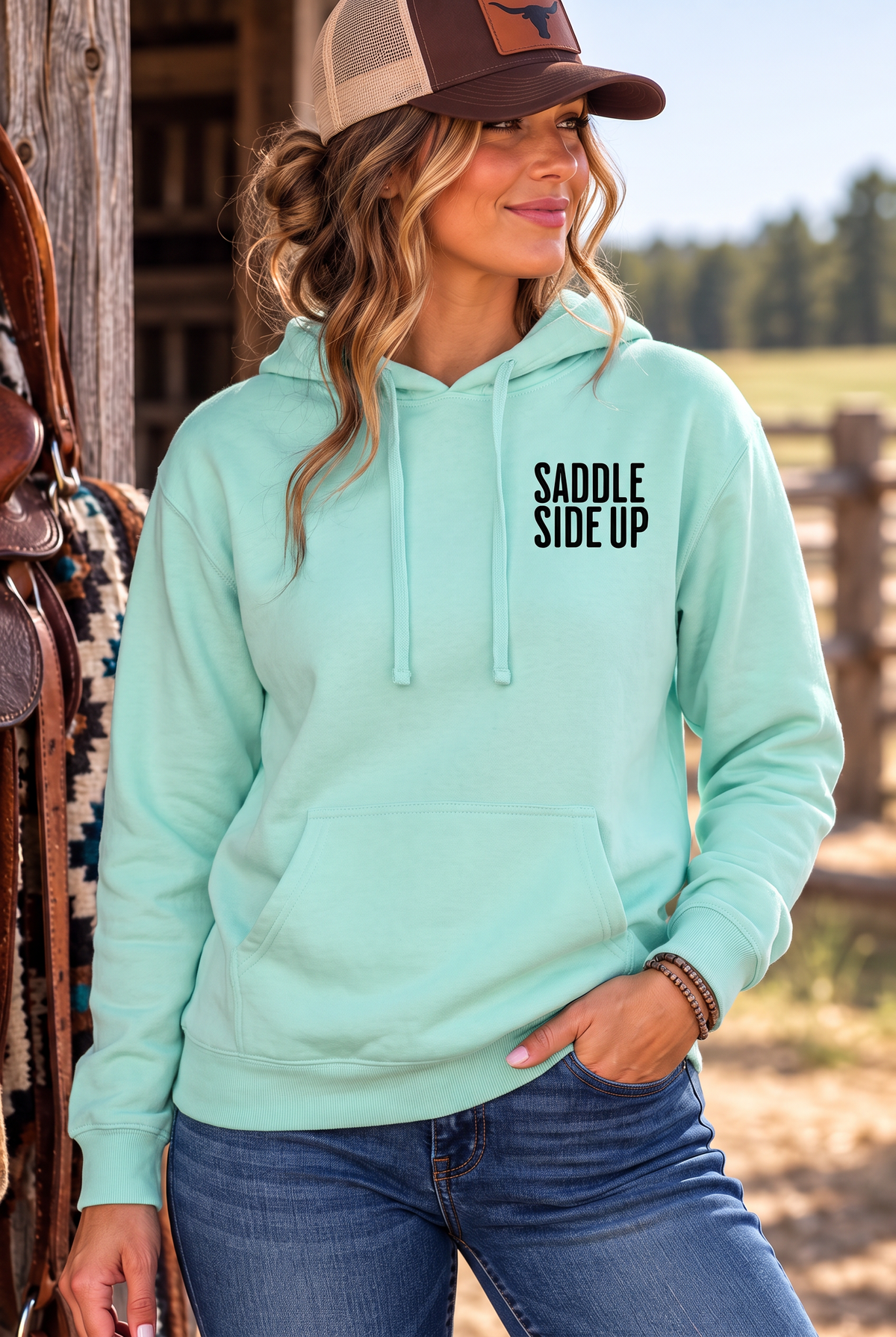 Get Ranchy Hoodie in Mint — female model, front view