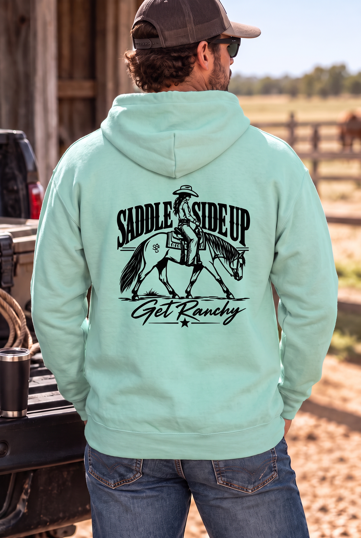 Get Ranchy Hoodie in Mint — male model, back view