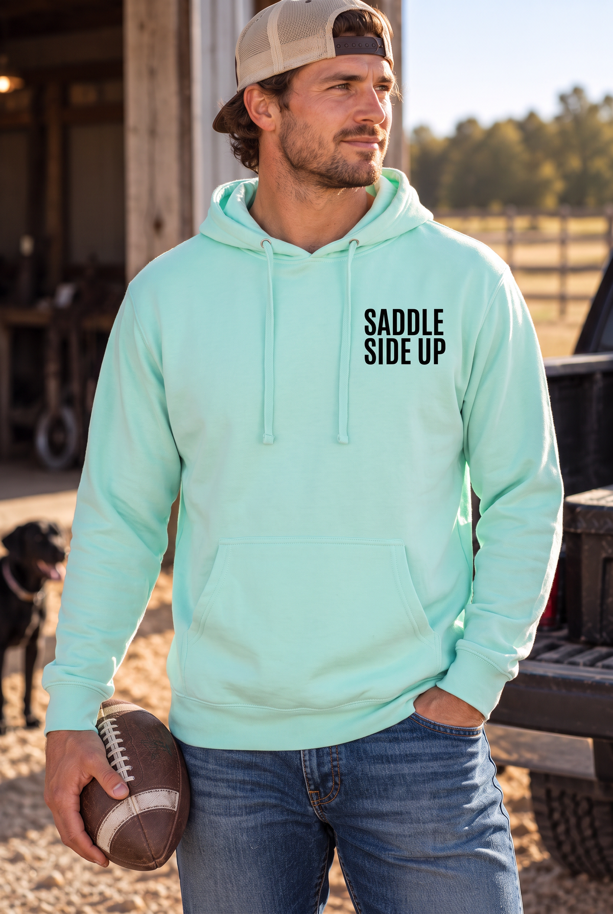 Get Ranchy Hoodie in Mint — male model, front view