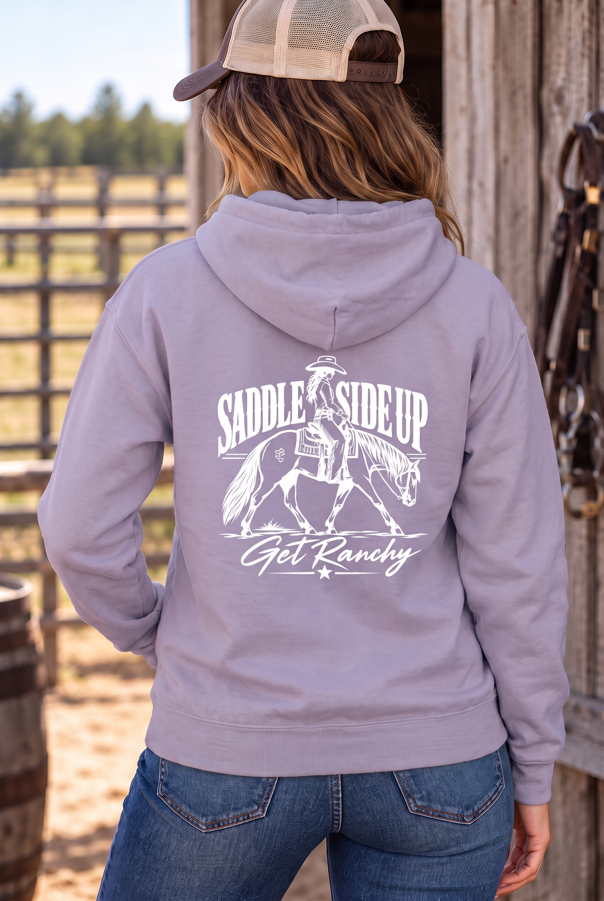 Get Ranchy Hoodie in Plum — female model, back view