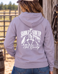 Get Ranchy Hoodie in Plum — female model, back view